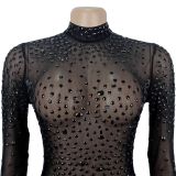 Sexy Long-Sleeved See-Through Mesh Crystal Party Dress
