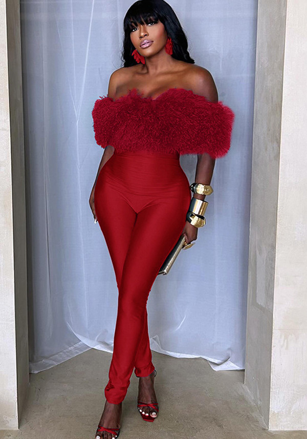 Autumn/Winter Women's Furry Off-Shoulder Sexy Bodycon Jumpsuit