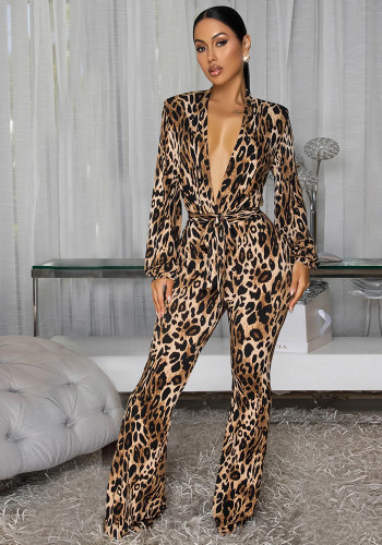 Sexy Deep V-Neck Leopard Print Jumpsuit