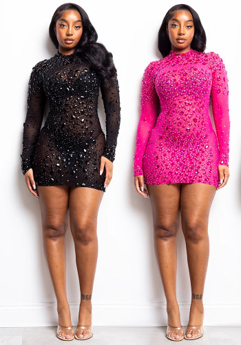 Sexy Long-Sleeved See-Through Mesh Crystal Party Dress