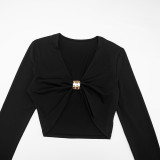 Sexy metallic embellished long-sleeved top and tight high-waisted trousers set