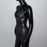 Sexy slip dress fishnet rhinestone stretch bodycon dress music festival V-neck mini dress