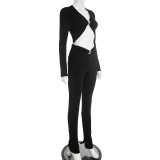 Sexy metallic embellished long-sleeved top and tight high-waisted trousers set