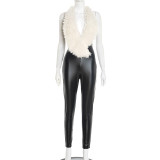Women's sexy patchwork fur collar halter neck back tie jumpsuit trousers