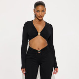 Sexy metallic embellished long-sleeved top and tight high-waisted trousers set