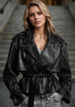Women's street style short leather jacket with belt