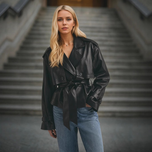 Women's street style short leather jacket with belt
