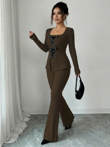 Bow-tie long-sleeved top and slim-fit casual trousers set for women