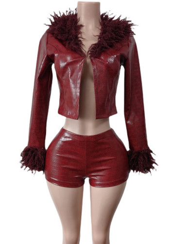 Women's Fur Leather Long Sleeve Jacket Shorts Matching Set