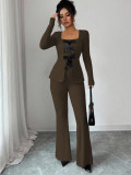 Bow-tie long-sleeved top and slim-fit casual trousers set for women