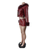 Women's Fur Leather Long Sleeve Jacket Shorts Matching Set