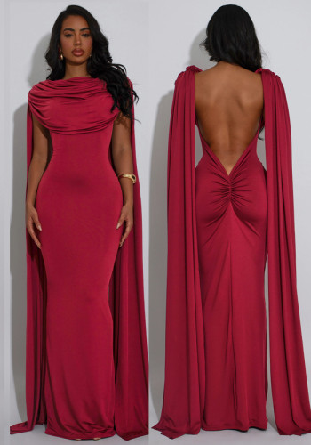Sexy backless evening gown pleated fitted solid color dress