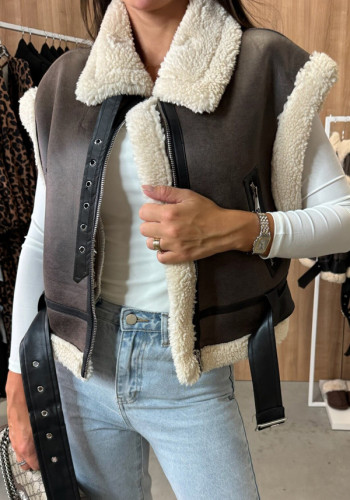 Motorcycle-style zippered leather and fur patchwork vest jacket