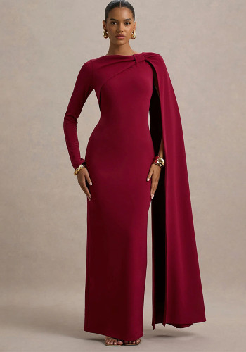 Women Sexy Irregular Shoulder Long-Sleeve Evening Dress
