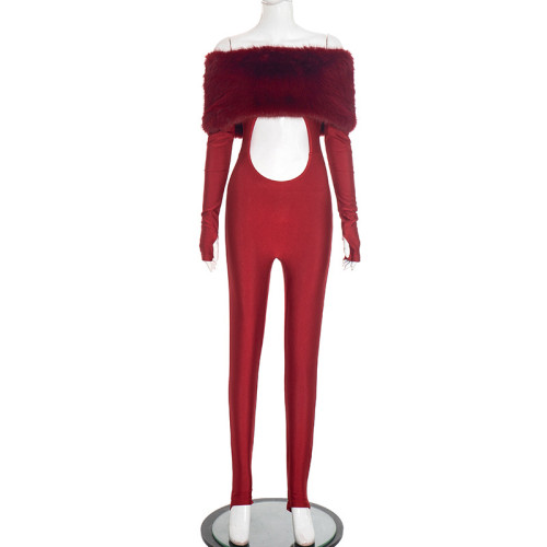Autumn/Winter Women's Sexy Fur Collar Long-Sleeved  Jumpsuit