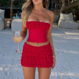 Sexy strapless ruffled cropped top and mini skirt set