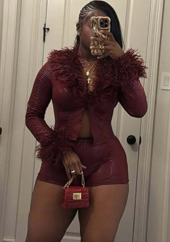 Women's Fur Leather Long Sleeve Jacket Shorts Matching Set