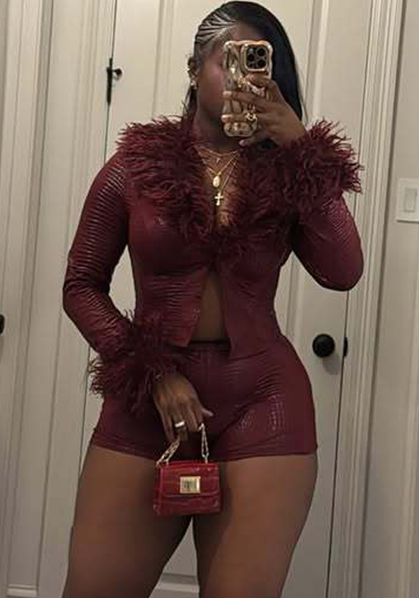 Women's Fur Leather Long Sleeve Jacket Shorts Matching Set