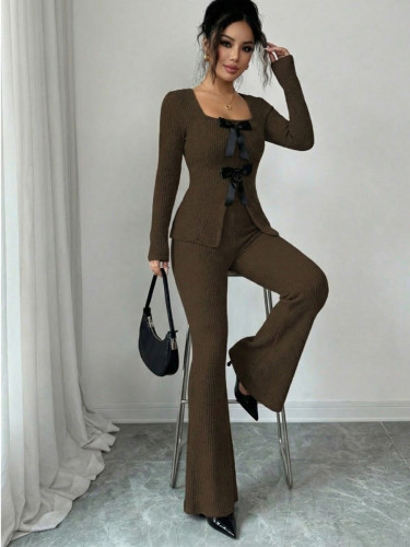 Bow-tie long-sleeved top and slim-fit casual trousers set for women
