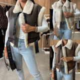 Motorcycle-style zippered leather and fur patchwork vest jacket