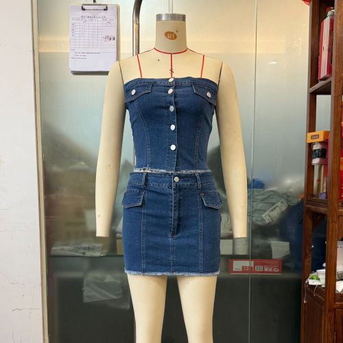 Sexy high-waisted bodycon mini skirt strapless crop top denim set