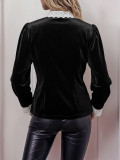 Retro-style patchwork lace collar long-sleeved velvet shirt for women