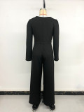 French-style elegant color-blocked long-sleeved double-breasted jumpsuit for women