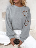 Floral beaded top women's round neck casual hollowed-out pullover sweatshirt