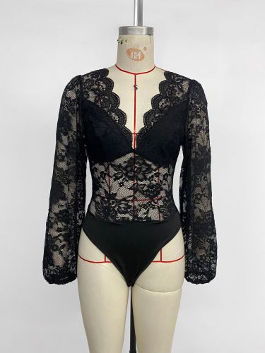 Elegant and sexy long-sleeved solid color V-neck lace-trimmed bodysuit