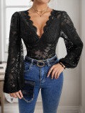 Elegant and sexy long-sleeved solid color V-neck lace-trimmed bodysuit