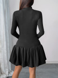 Long-sleeved dress high neck patchwork short skirt