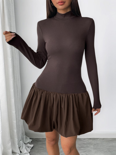 Long-sleeved dress high neck patchwork short skirt