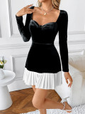 French-style elegant classic black and white color-blocked velvet dress