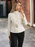 Women's wool coat with belt fitted waist and stand-up collar jacket