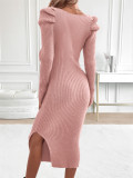 Slit knitted skirt leg-of-mutton sleeves square neck knitted party dress