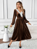 Autumn/Winter Long Dress with Lace V-Neck Velvet Dress for Women