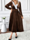 Autumn/Winter Long Dress with Lace V-Neck Velvet Dress for Women