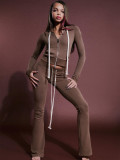 Women Solid Color Hooded Top Pants Two Piece Tracksuit