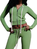 Women Solid Color Hooded Top Pants Two Piece Tracksuit