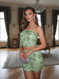 Green sequined strapless backless top and high-waisted mini skirt party outfit two-piece set