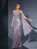Sparkling one-shoulder evening gown stage host's dress award ceremony gown runway show sequined fishtail dress