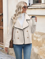 Women's double-breasted lapel pocket color-blocked wool cardigan