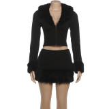 Women Black Furry V-Neck Long-Sleeved Crop Top and Bodycon Skirt Two-Piece Set