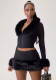 Women Black Furry V-Neck Long-Sleeved Crop Top and Bodycon Skirt Two-Piece Set