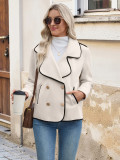 Women's double-breasted lapel pocket color-blocked wool cardigan