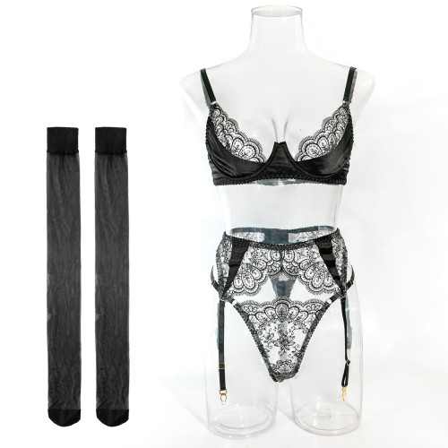 Sexy embroidered lace bra three-piece lingerie with stockings