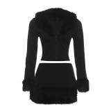 Women Black Furry V-Neck Long-Sleeved Crop Top and Bodycon Skirt Two-Piece Set