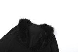 Women Black Furry V-Neck Long-Sleeved Crop Top and Bodycon Skirt Two-Piece Set