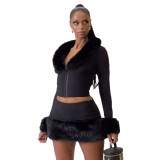 Women Black Furry V-Neck Long-Sleeved Crop Top and Bodycon Skirt Two-Piece Set