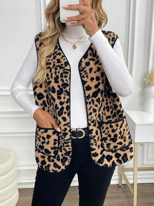 Sleeveless outer vest for women leopard print cardigan coat